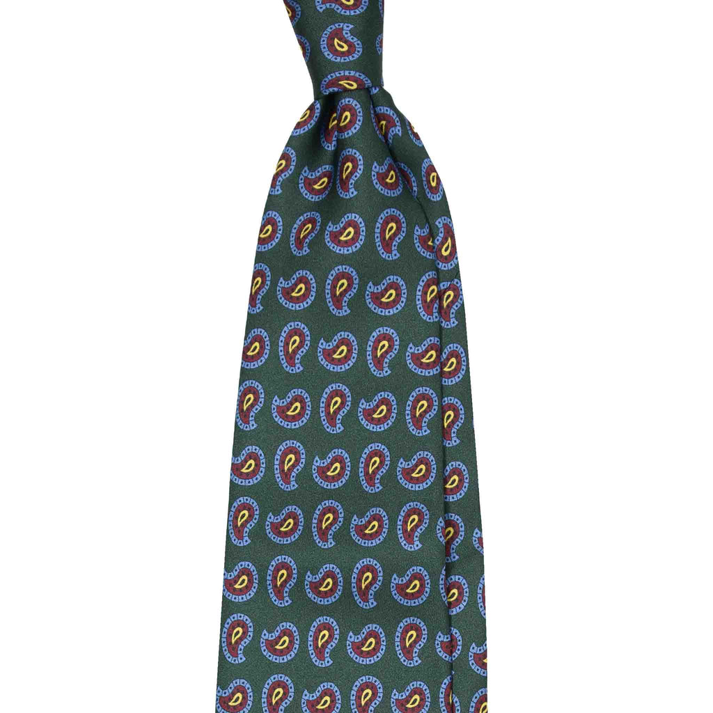 Green Silk Tie with Burgundy and Yellow Paisley Serà Fine Silk