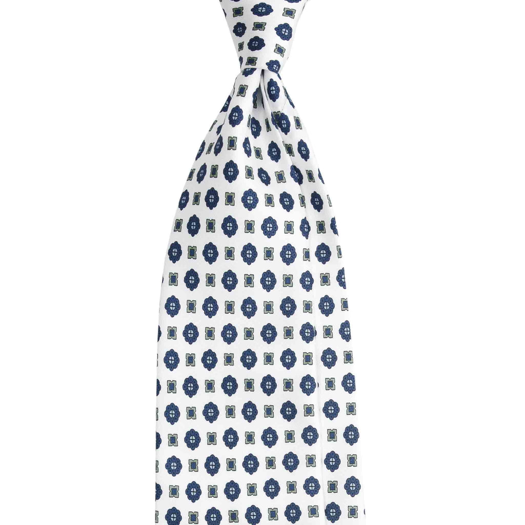 White Silk Tie with Navy Flowers Pattern Serà Fine Silk
