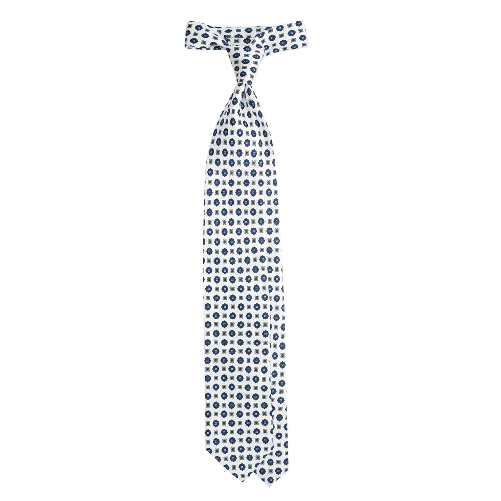White Silk Tie with Navy Flowers Pattern Serà Fine Silk