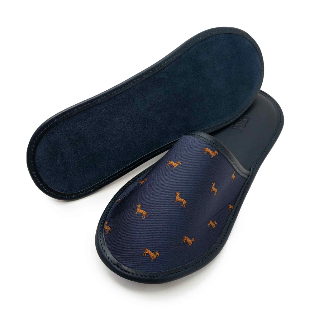 Blue Dog Motifs Silk & Leather Slippers Serà Fine Silk