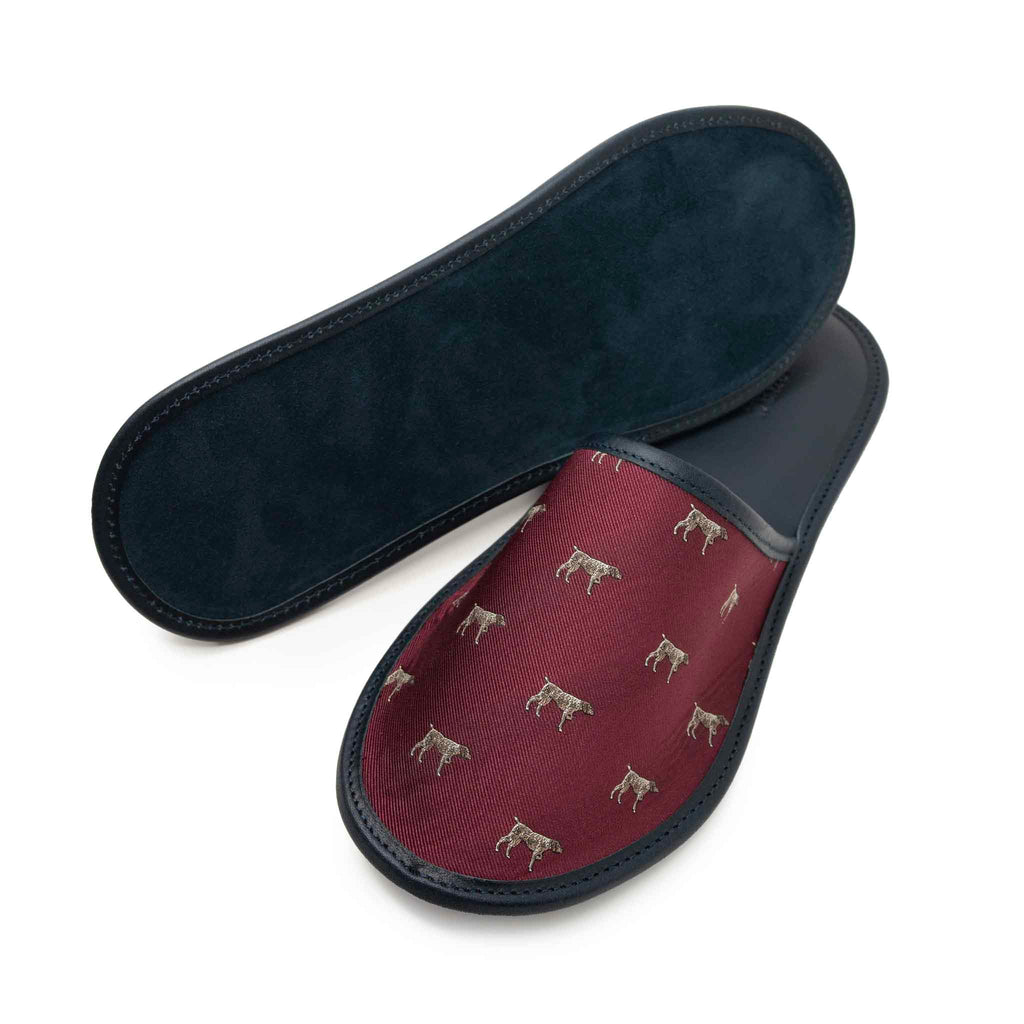 Burgundy Dog Motifs Silk & Leather Slippers Serà Fine Silk