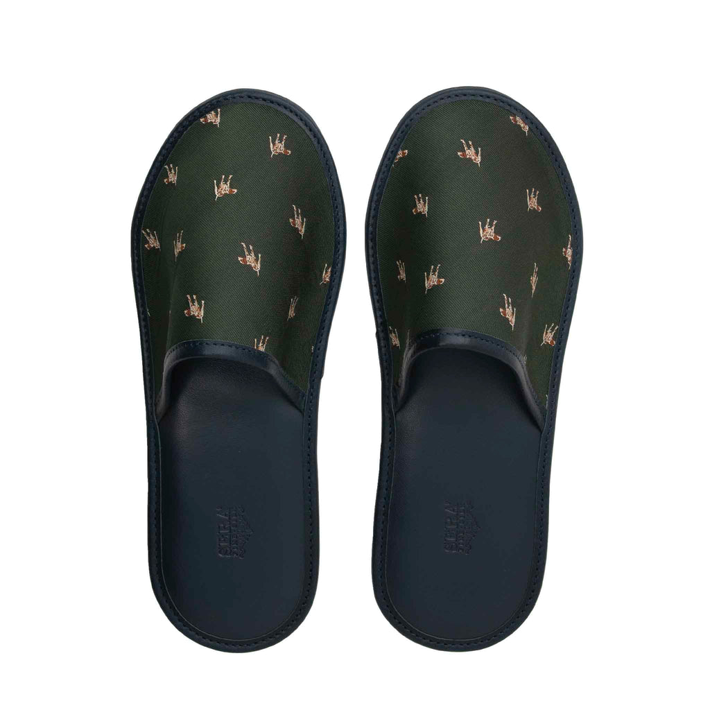 Green Dog Motifs Silk & Leather Slippers Serà Fine Silk