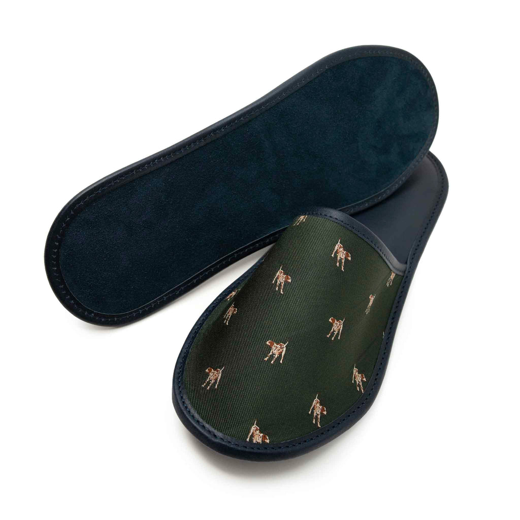 Green Dog Motifs Silk & Leather Slippers Serà Fine Silk
