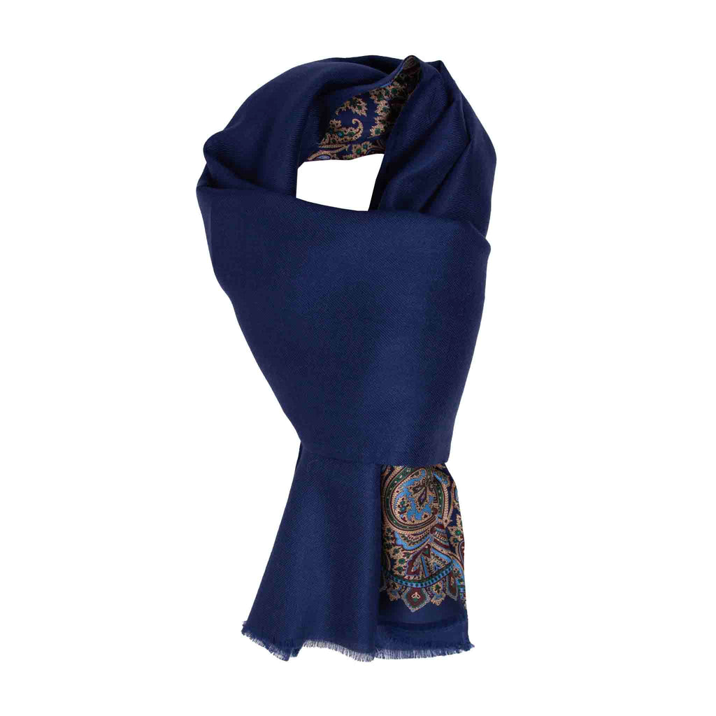 Navy Blue and Sand Paisley Cashmere & Silk Scarf Serà Fine Silk