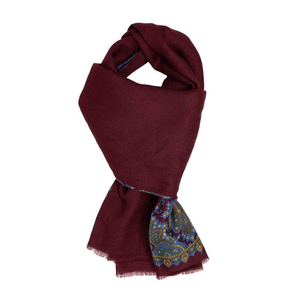 Burgundy and Light Blue Paisley Cashmere & Silk Scarf Serà Fine Silk