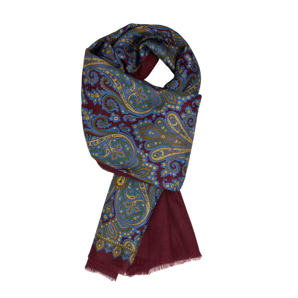 Burgundy and Light Blue Paisley Cashmere & Silk Scarf Serà Fine Silk