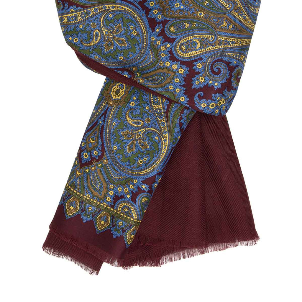 Burgundy and Light Blue Paisley Cashmere & Silk Scarf Serà Fine Silk