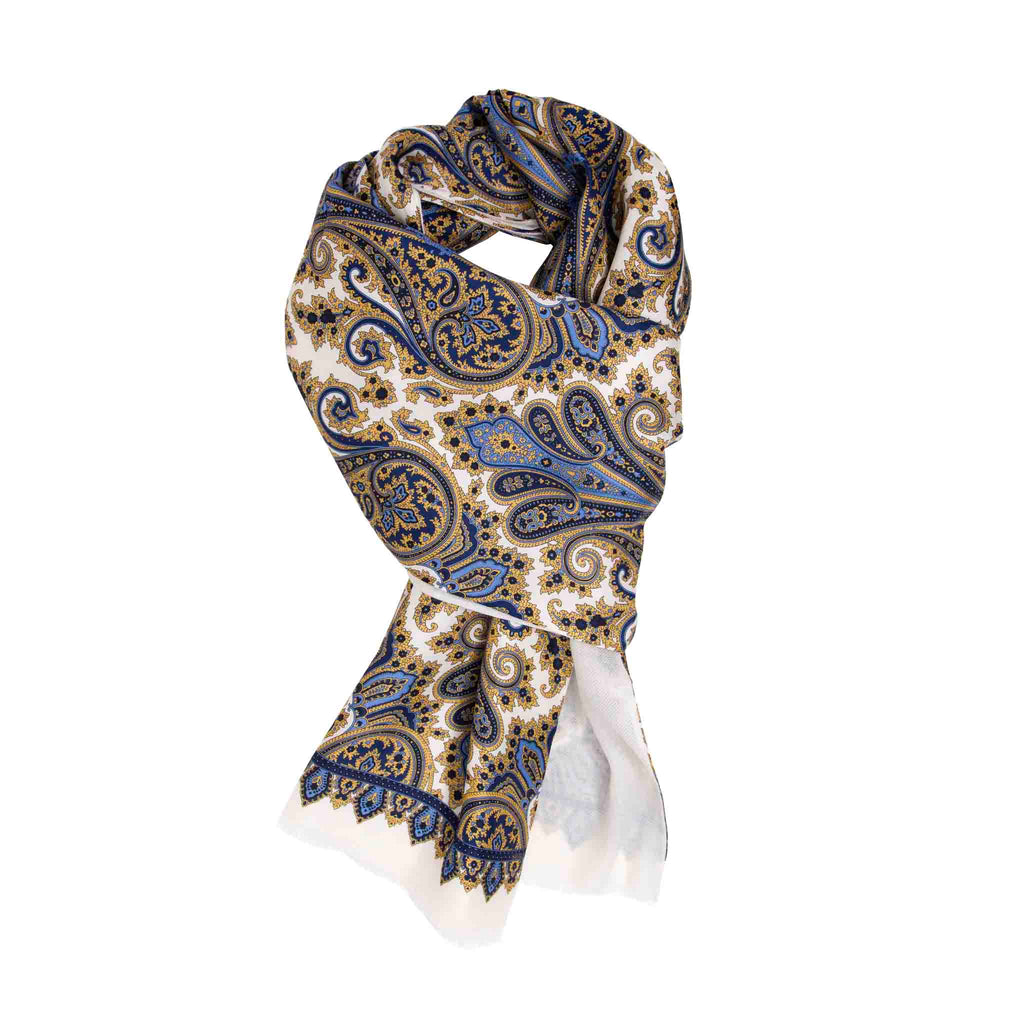 White and Gold Paisley Cashmere & Silk Scarf Serà Fine Silk