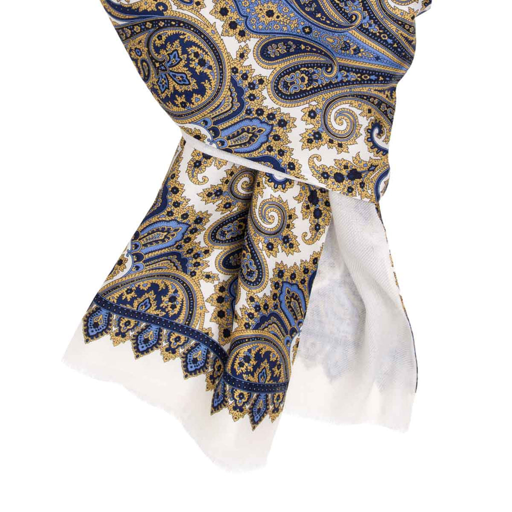 White and Gold Paisley Cashmere & Silk Scarf Serà Fine Silk