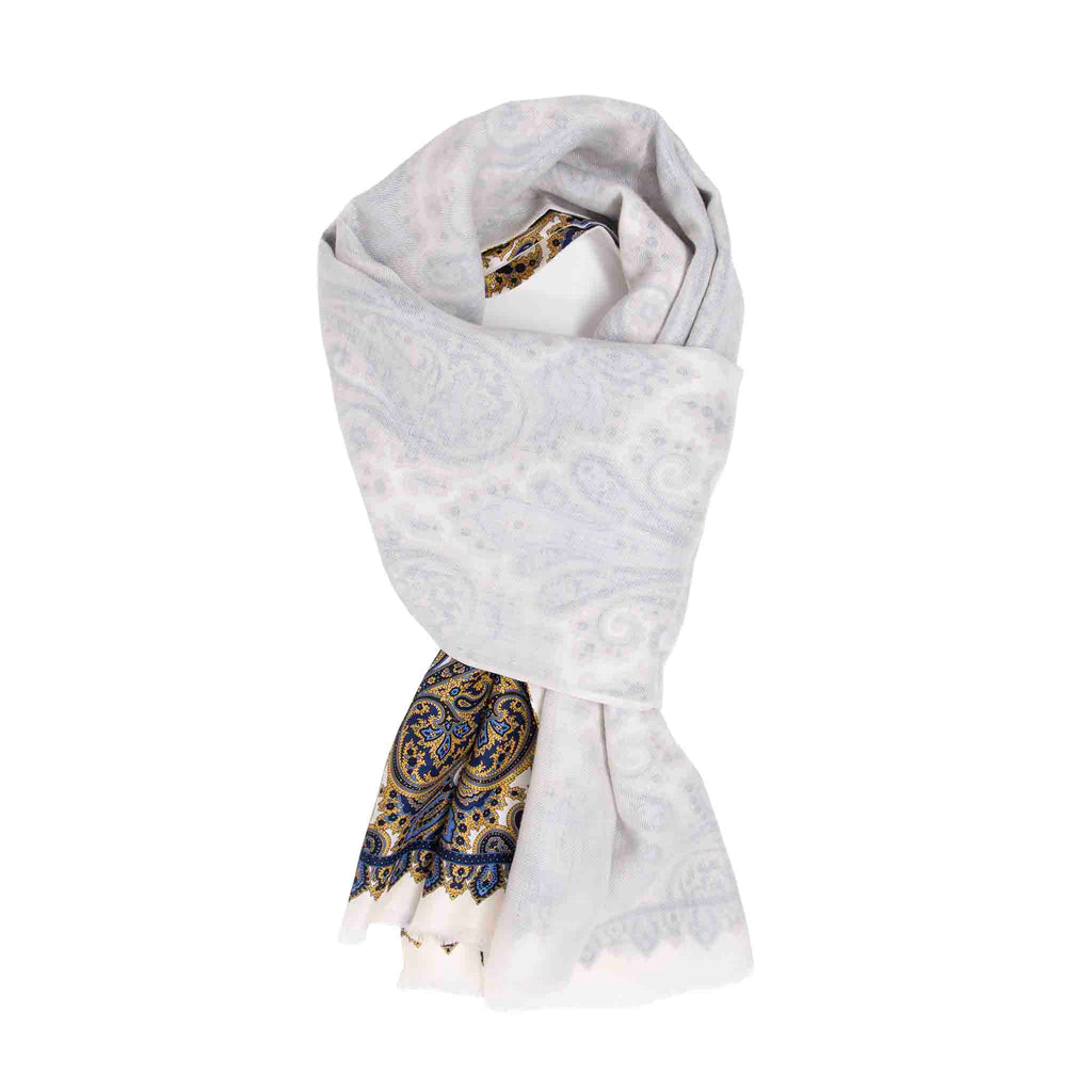 White and Gold Paisley Cashmere & Silk Scarf Serà Fine Silk