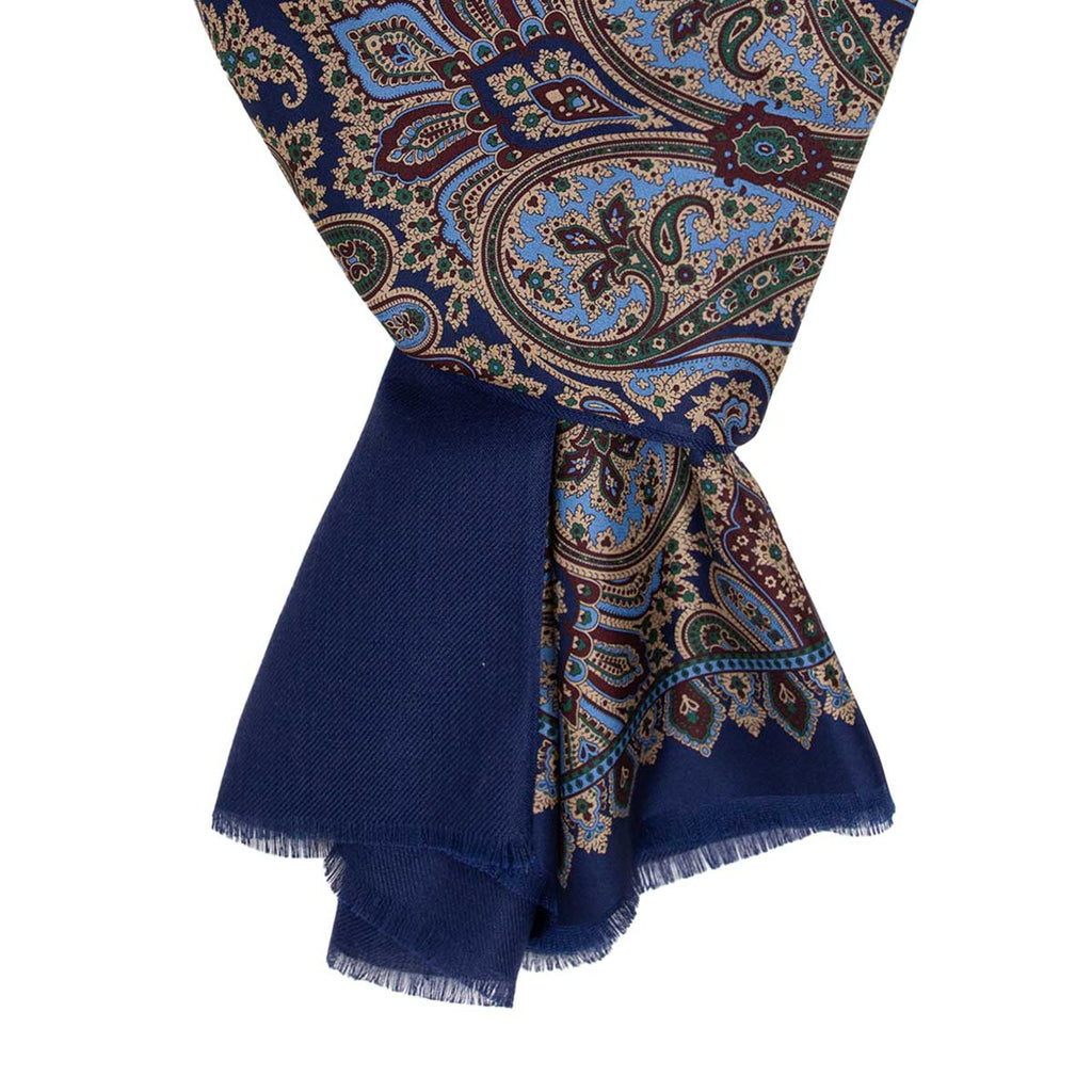 Navy Blue and Sand Paisley Cashmere & Silk Scarf Serà Fine Silk