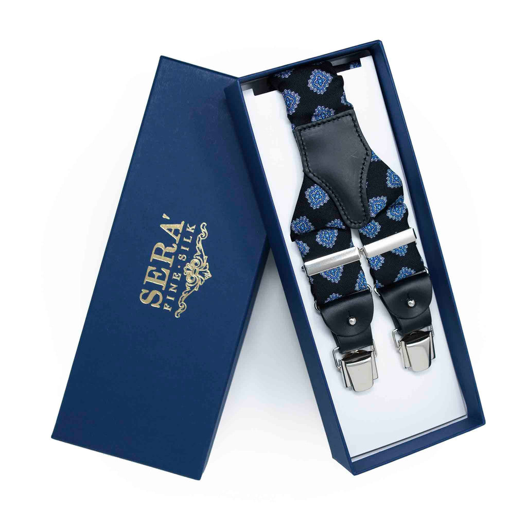 Black Silk Suspenders with Blue and White Medallions Serà Fine Silk