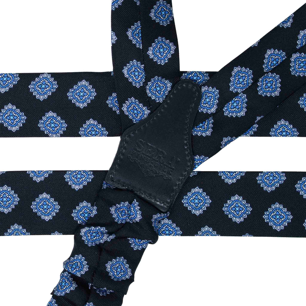 Black Silk Suspenders with Blue and White Medallions Serà Fine Silk