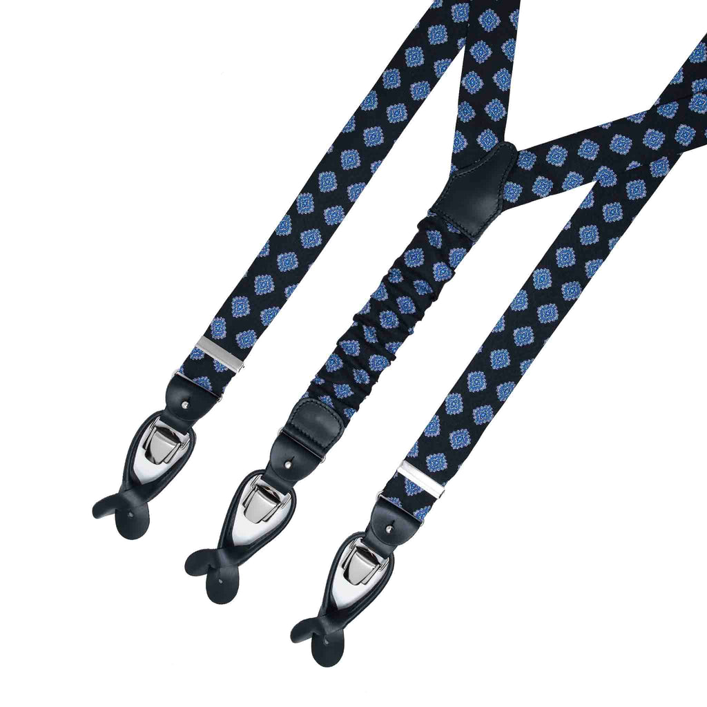 Black Silk Suspenders with Blue and White Medallions Serà Fine Silk