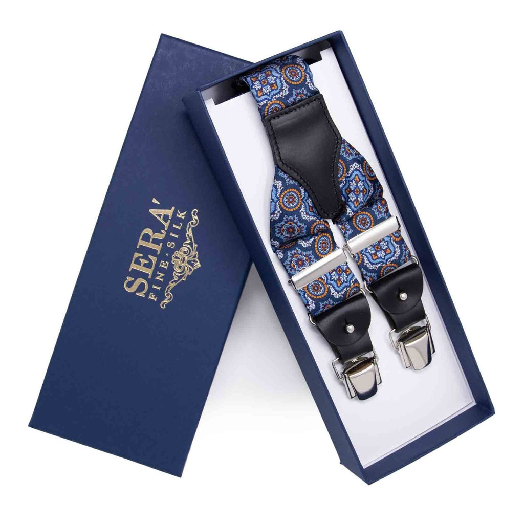 Blue, Light Blue and Orange Paisley Silk Suspenders Serà Fine Silk