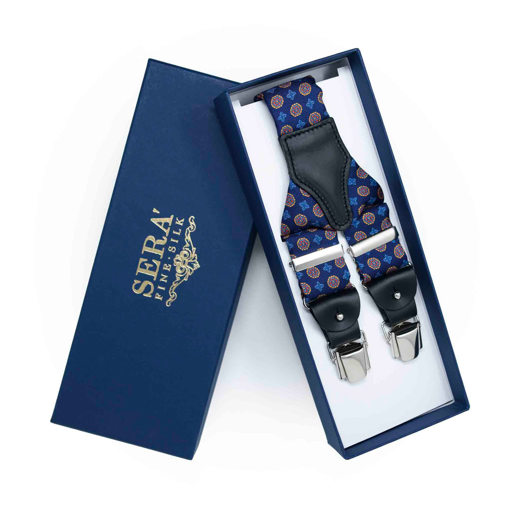 Blue Silk Suspenders with Geometric Medallions Serà Fine Silk