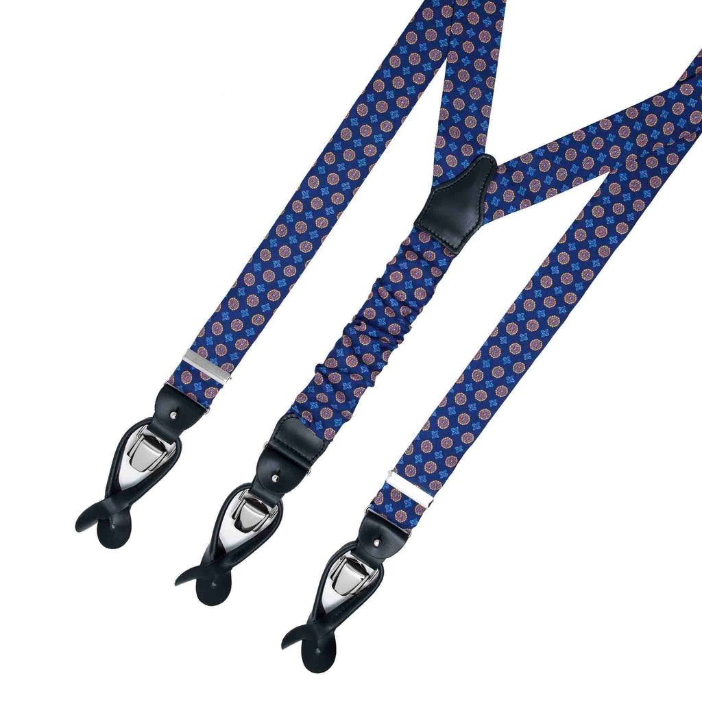 Blue Silk Suspenders with Geometric Medallions Serà Fine Silk