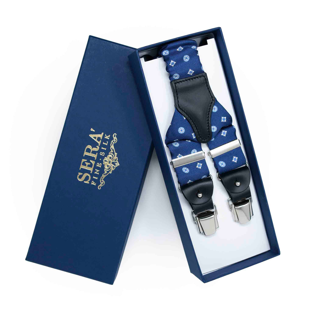 Blue Silk Suspenders with Small Geometric Pattern Serà Fine Silk