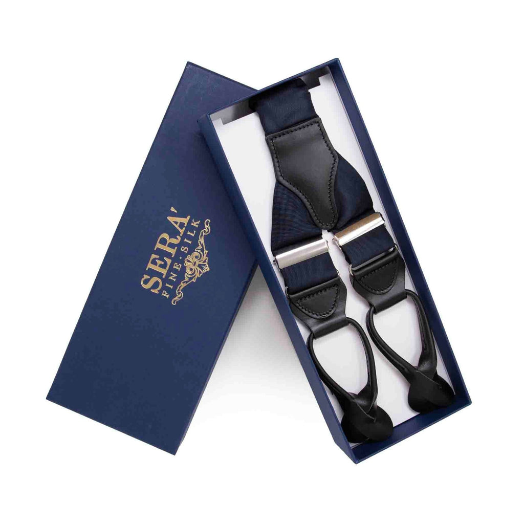 Navy Blue Moire Silk Suspenders Button Only Serà Fine Silk