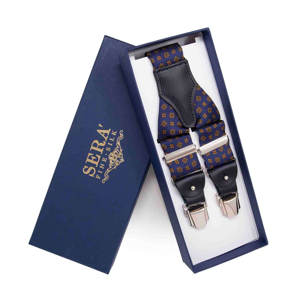 Navy Blue with Square Flowers Pattern Silk Suspenders Serà Fine Silk