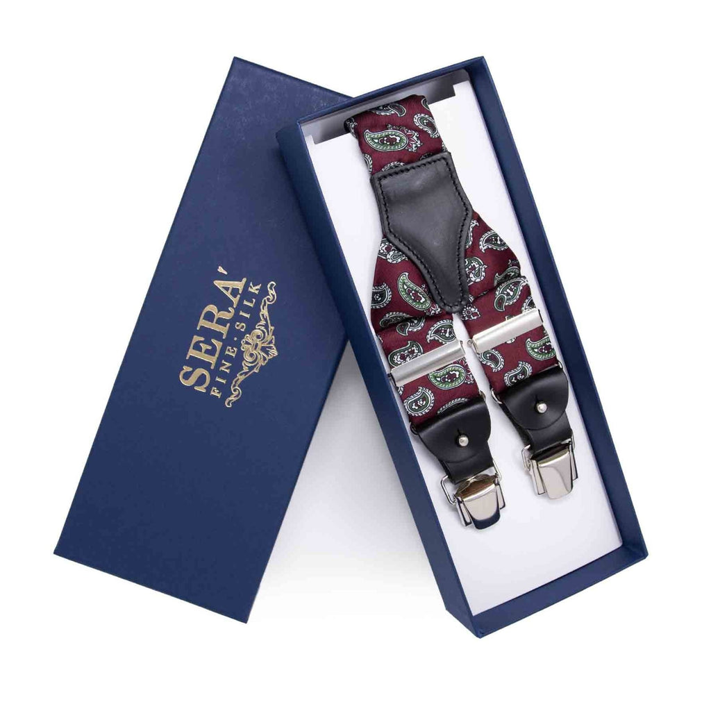 Burgundy and Green Big Paisley Silk Suspenders | Serà Fine Silk