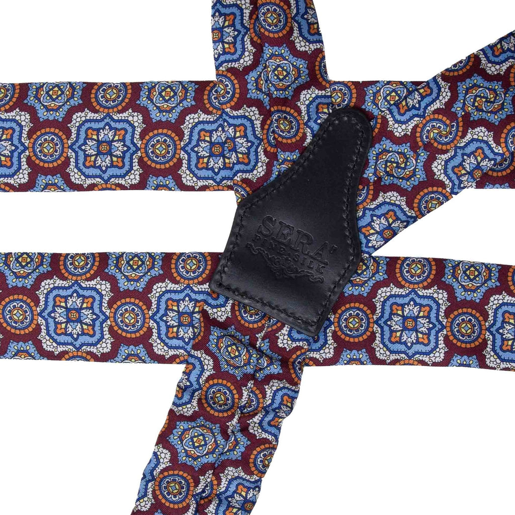 Burgundy and Light Blue Medallions Silk Suspenders Serà Fine Silk