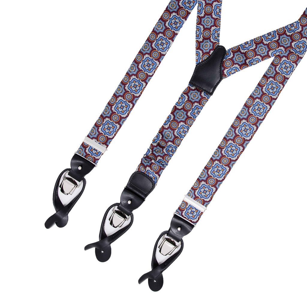 Burgundy and Light Blue Medallions Silk Suspenders Serà Fine Silk