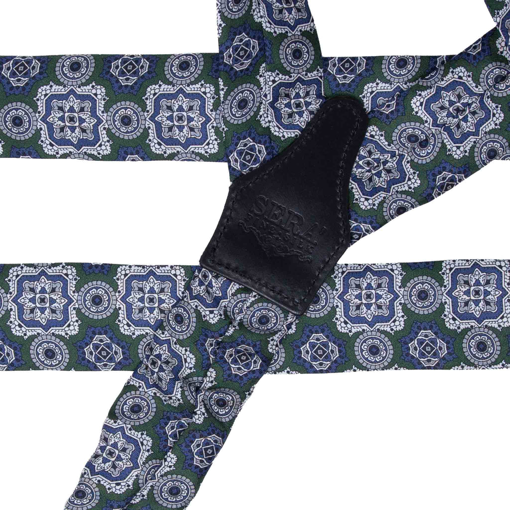 Green and Grey Medallions Silk Suspenders Serà Fine Silk