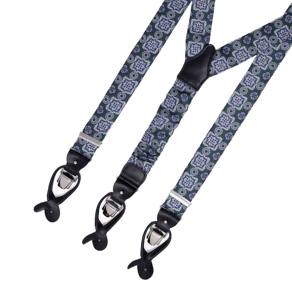 Green and Grey Medallions Silk Suspenders Serà Fine Silk