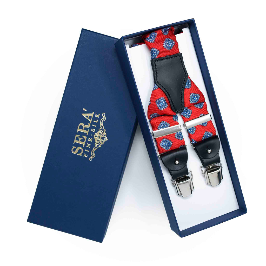Red Silk Suspenders with Blue and White Medallions Serà Fine Silk