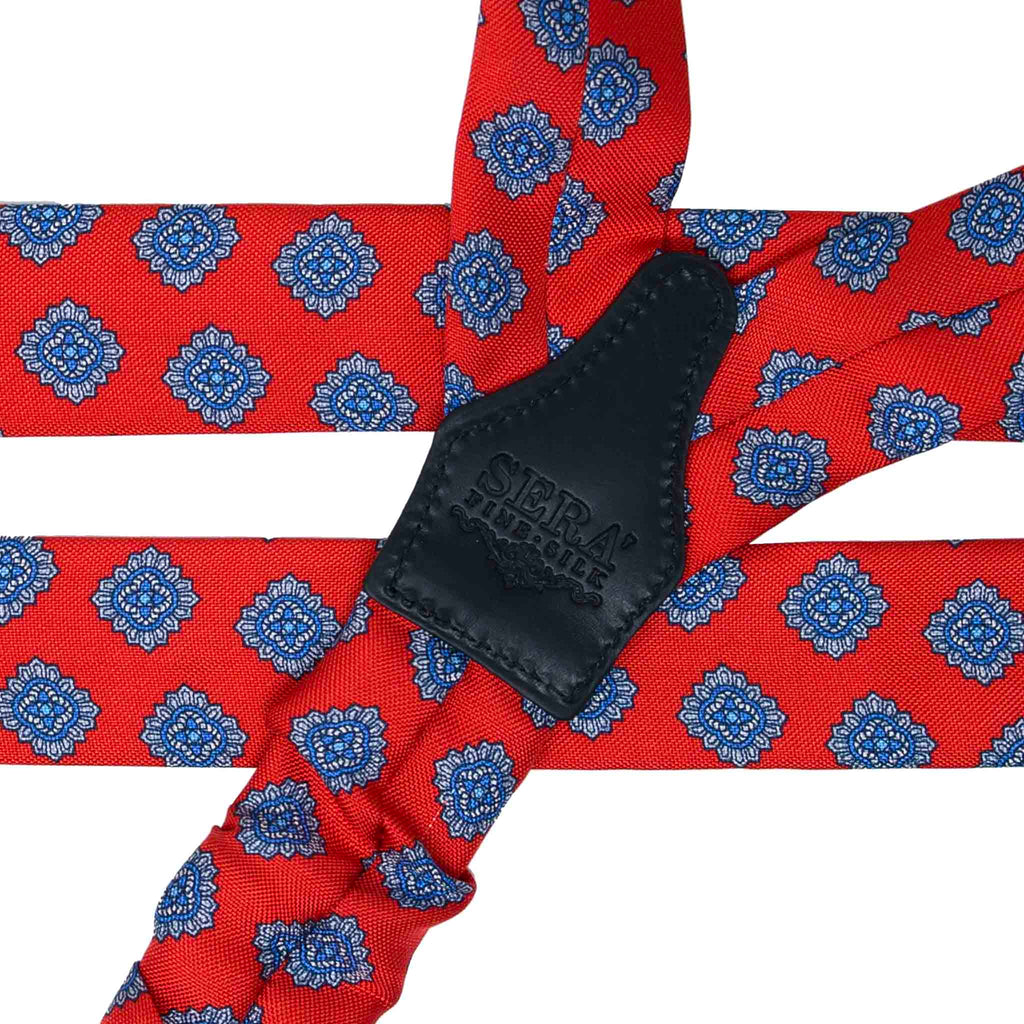 Red Silk Suspenders with Blue and White Medallions Serà Fine Silk
