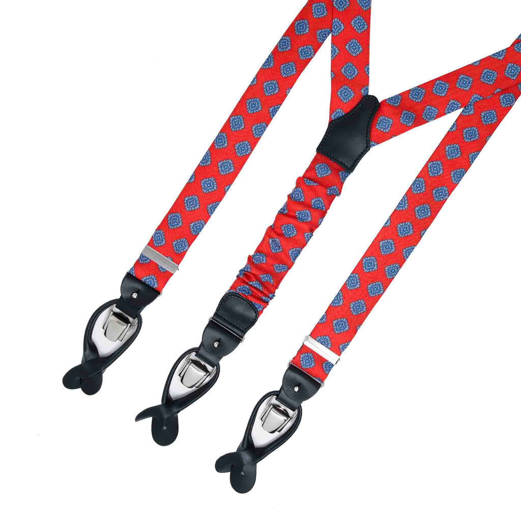 Red Silk Suspenders with Blue and White Medallions Serà Fine Silk