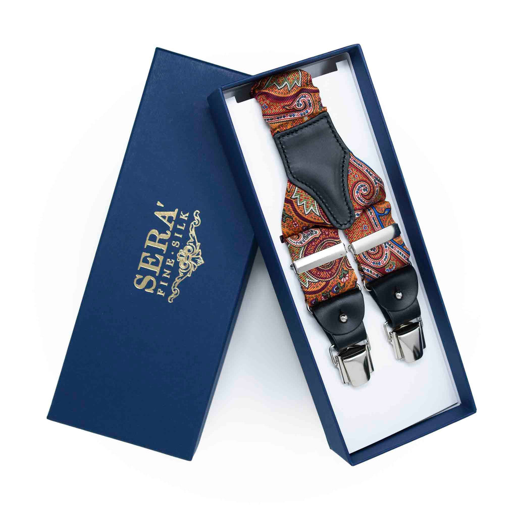 Rust Red Silk Suspenders with Multicolor Paisley Serà Fine Silk