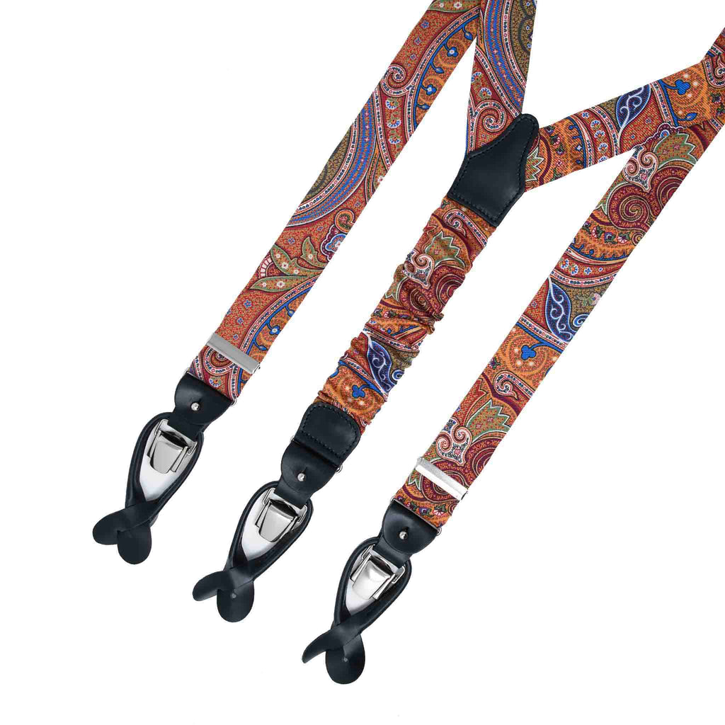 Rust Red Silk Suspenders with Multicolor Paisley Serà Fine Silk