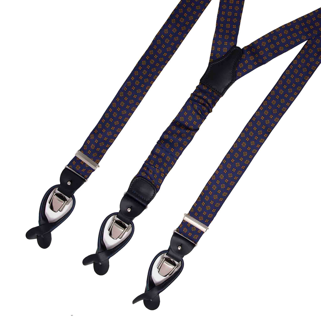 Navy Blue with Square Flowers Pattern Silk Suspenders Serà Fine Silk