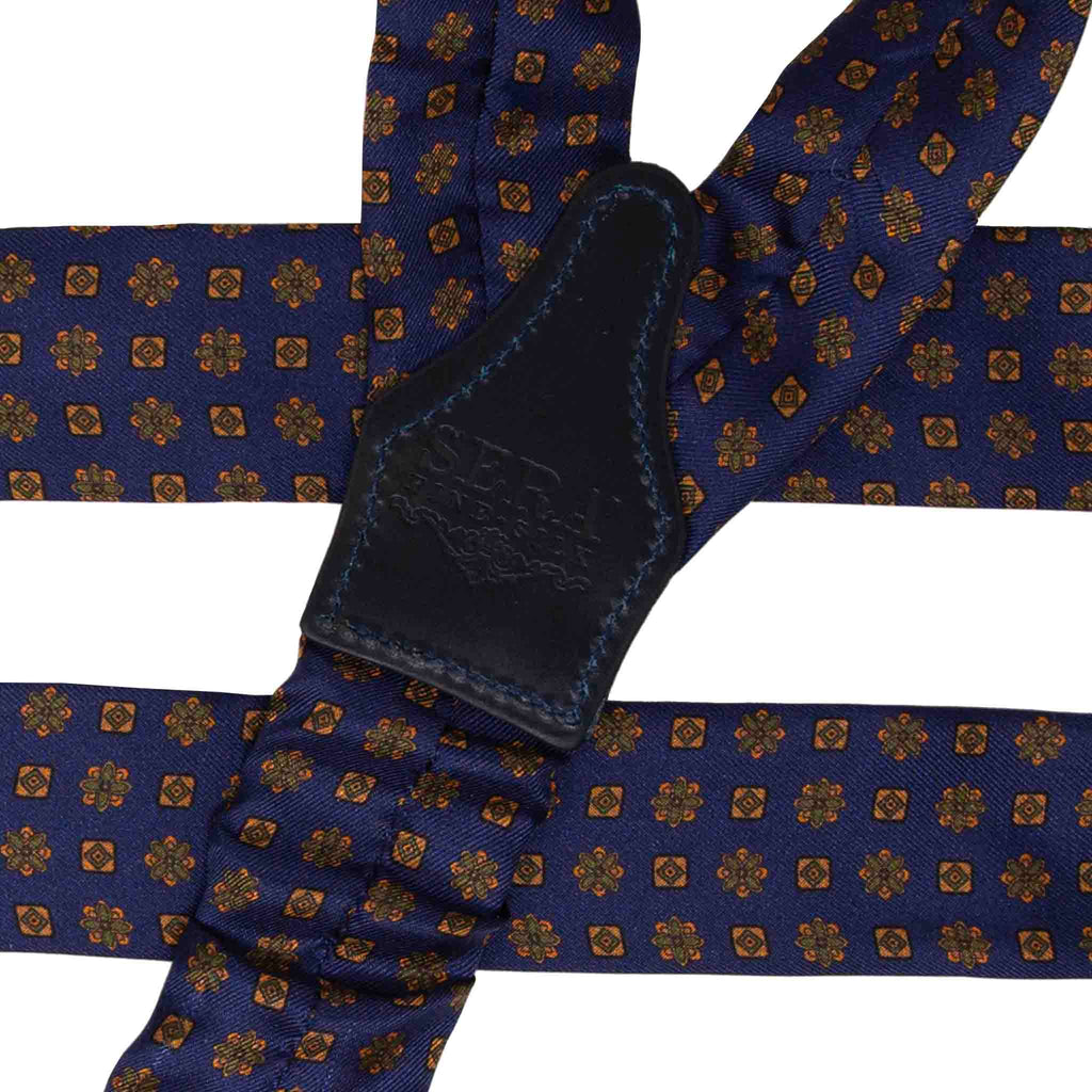 Navy Blue with Square Flowers Pattern Silk Suspenders Serà Fine Silk