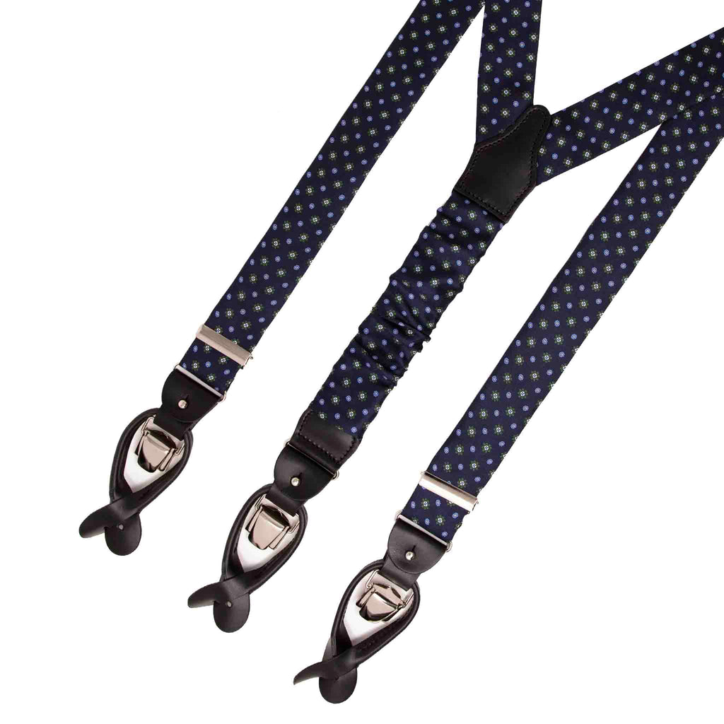 Navy Blue with Green Flowers Silk Suspenders Serà Fine Silk