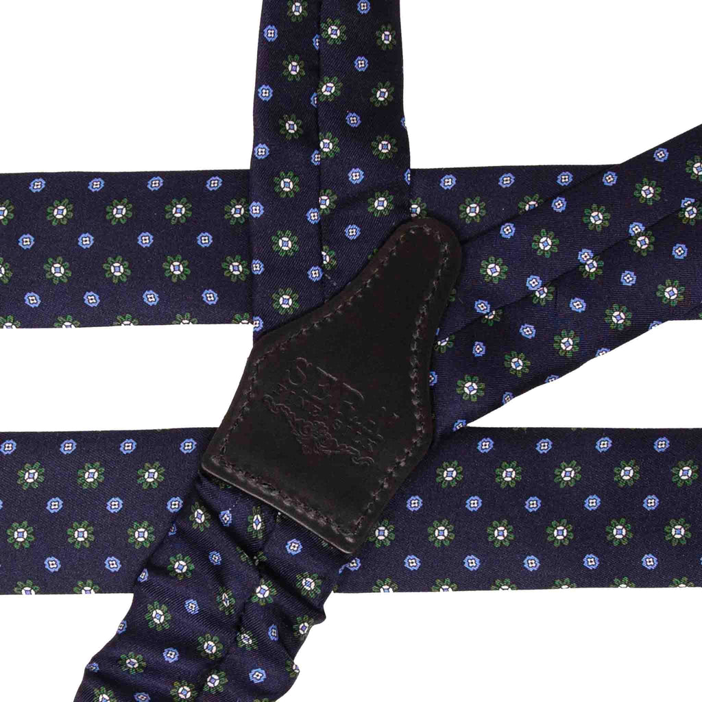 Navy Blue with Green Flowers Silk Suspenders Serà Fine Silk