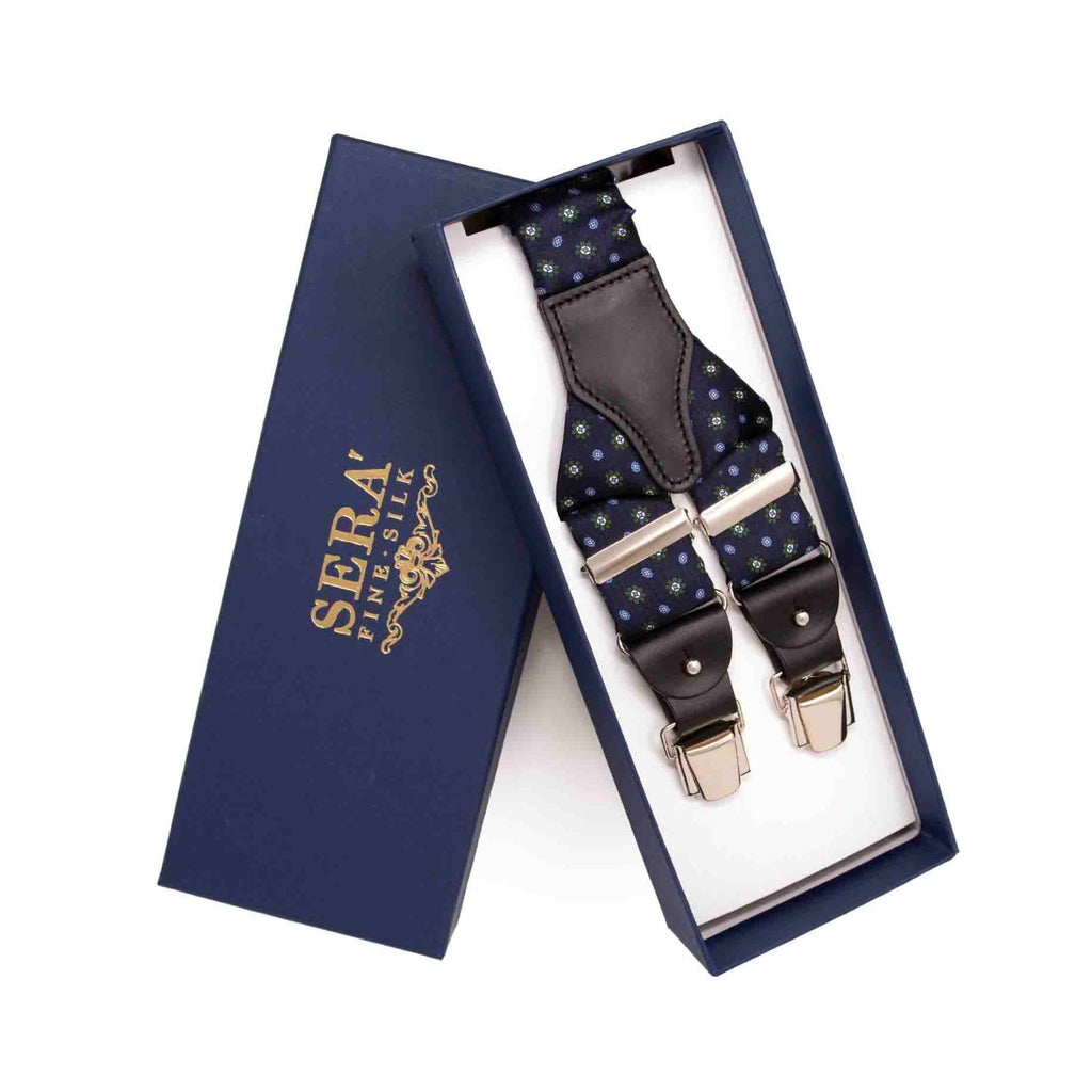 Navy Blue with Green Flowers Silk Suspenders Serà Fine Silk