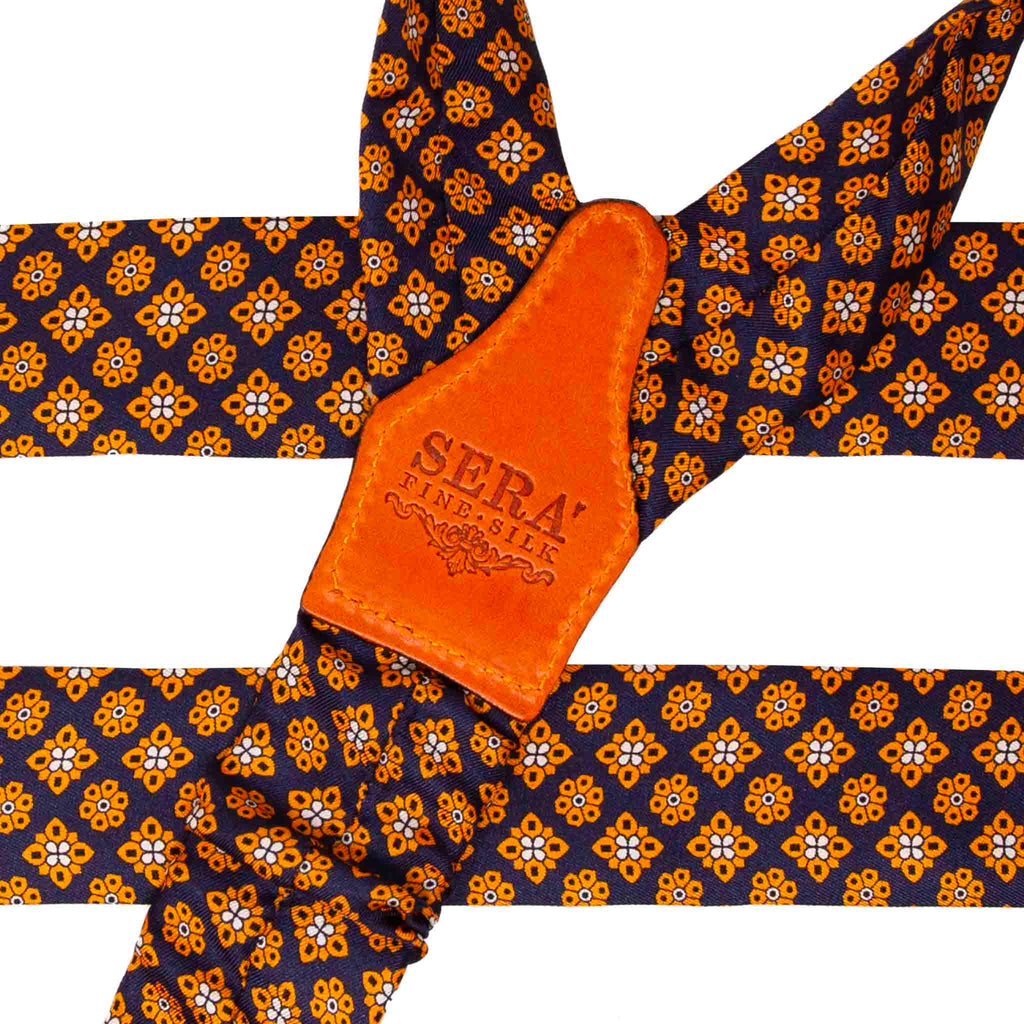 Blue with Orange Flowers Pattern Silk Suspenders - Orange Leather Serà Fine Silk