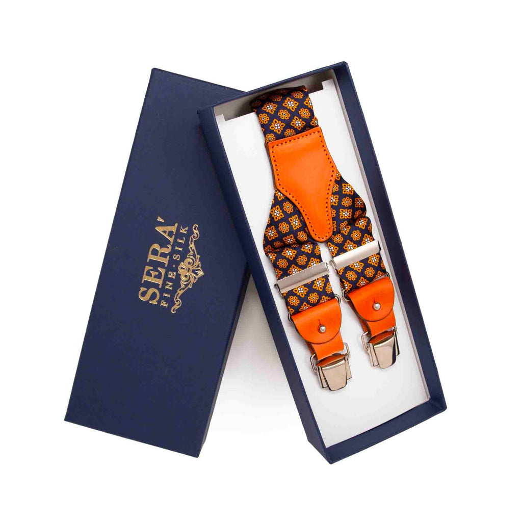 Blue with Orange Flowers Pattern Silk Suspenders - Orange Leather Serà Fine Silk