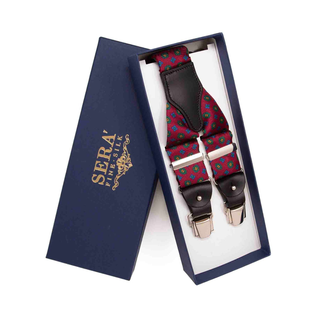 Burgundy with Green Flowers Silk Suspenders Serà Fine Silk