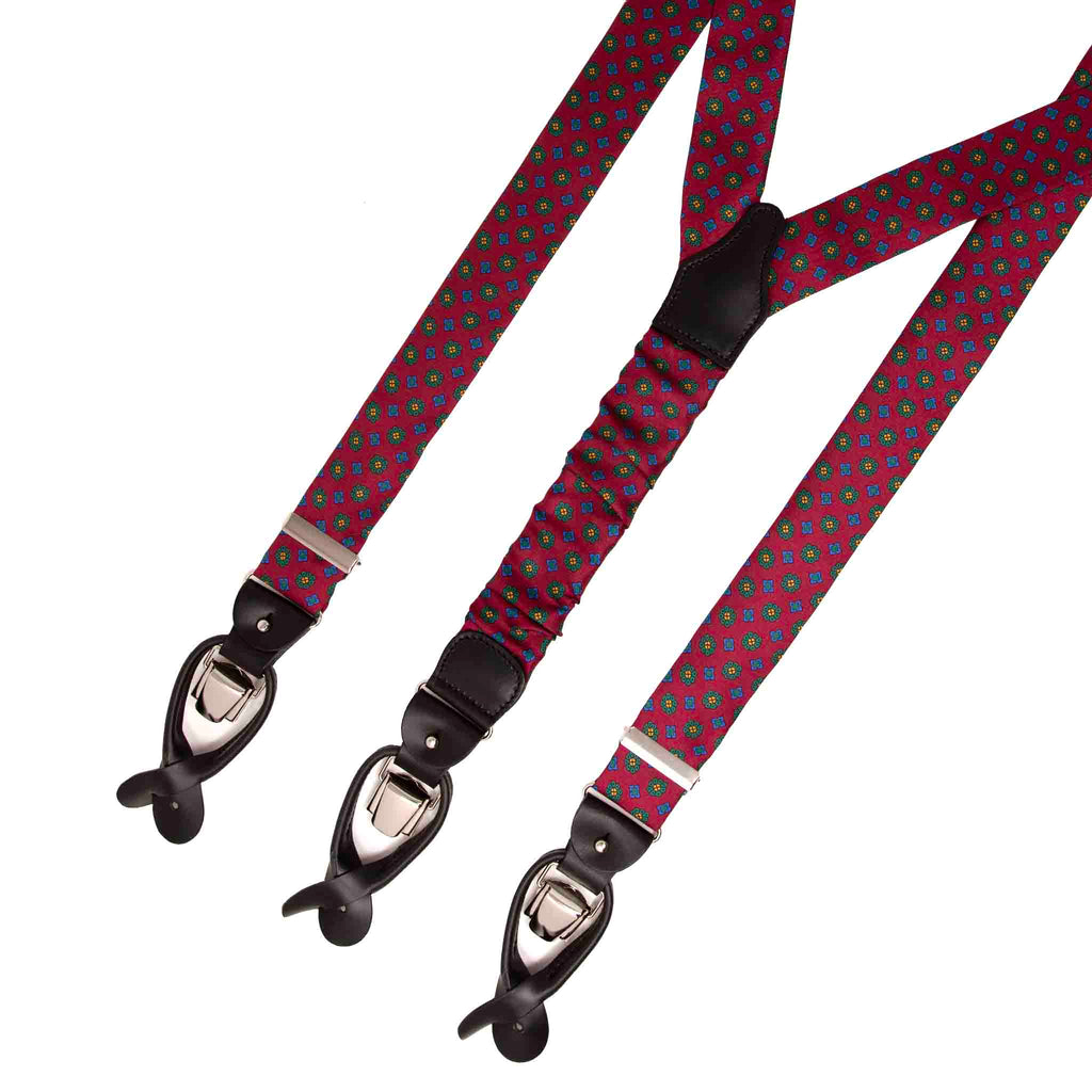 Burgundy with Green Flowers Silk Suspenders Serà Fine Silk