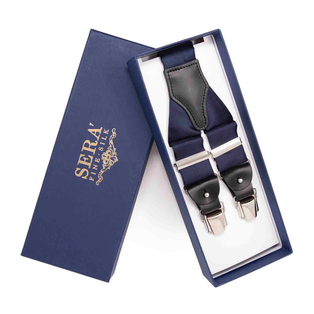 Navy Blue with Black Leather Silk Suspenders Serà Fine Silk
