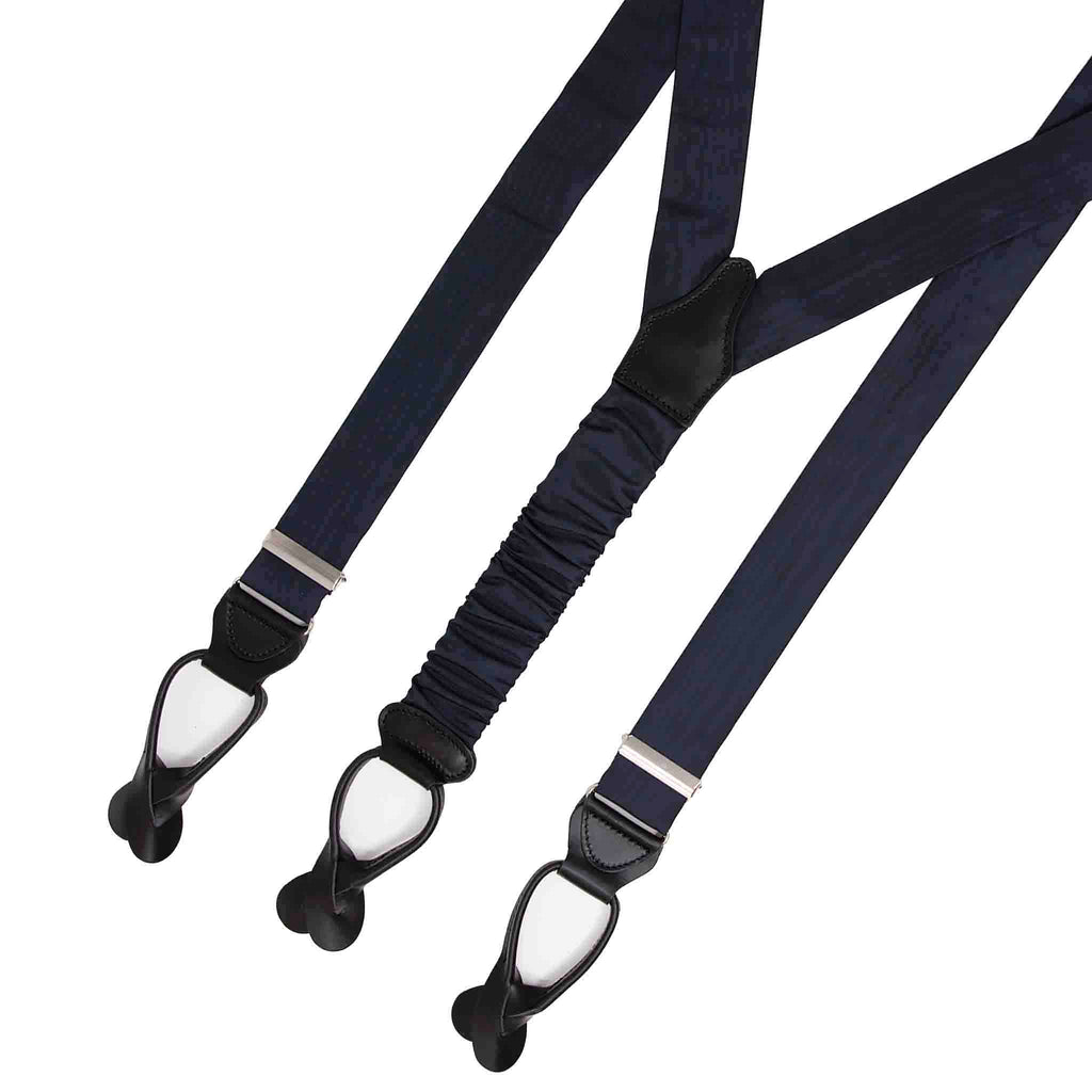 Navy Blue Moire Silk Suspenders Button Only Serà Fine Silk