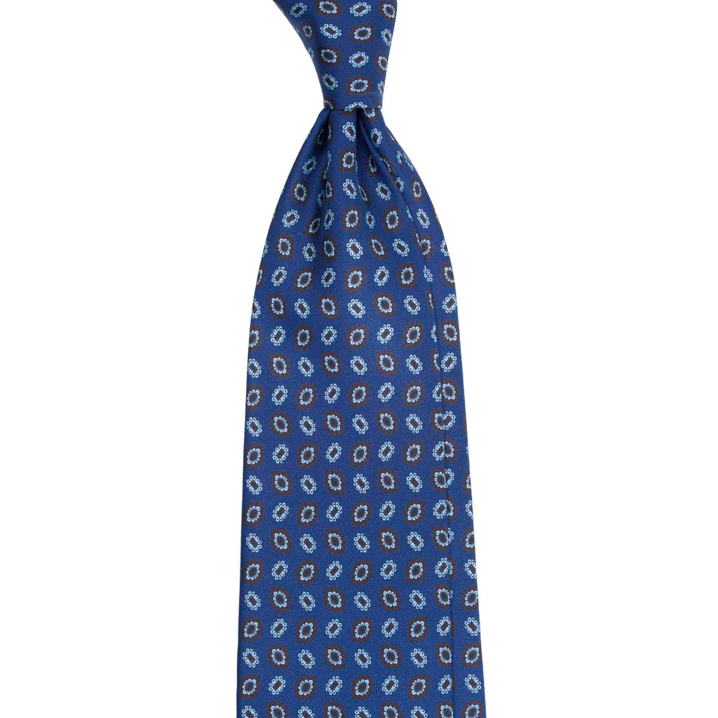 Blue Silk Tie with Brown Floral Medallions Serà Fine Silk