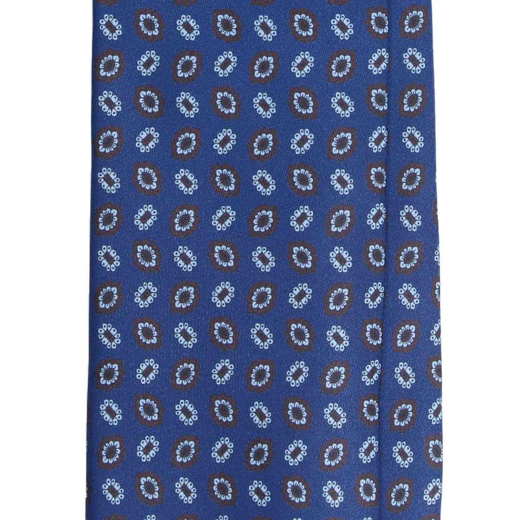 Blue Silk Tie with Brown Floral Medallions Serà Fine Silk