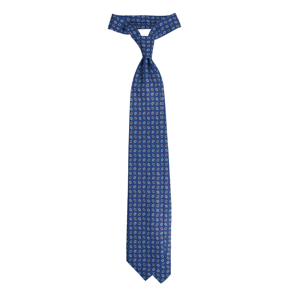 Blue Silk Tie with Brown Floral Medallions Serà Fine Silk