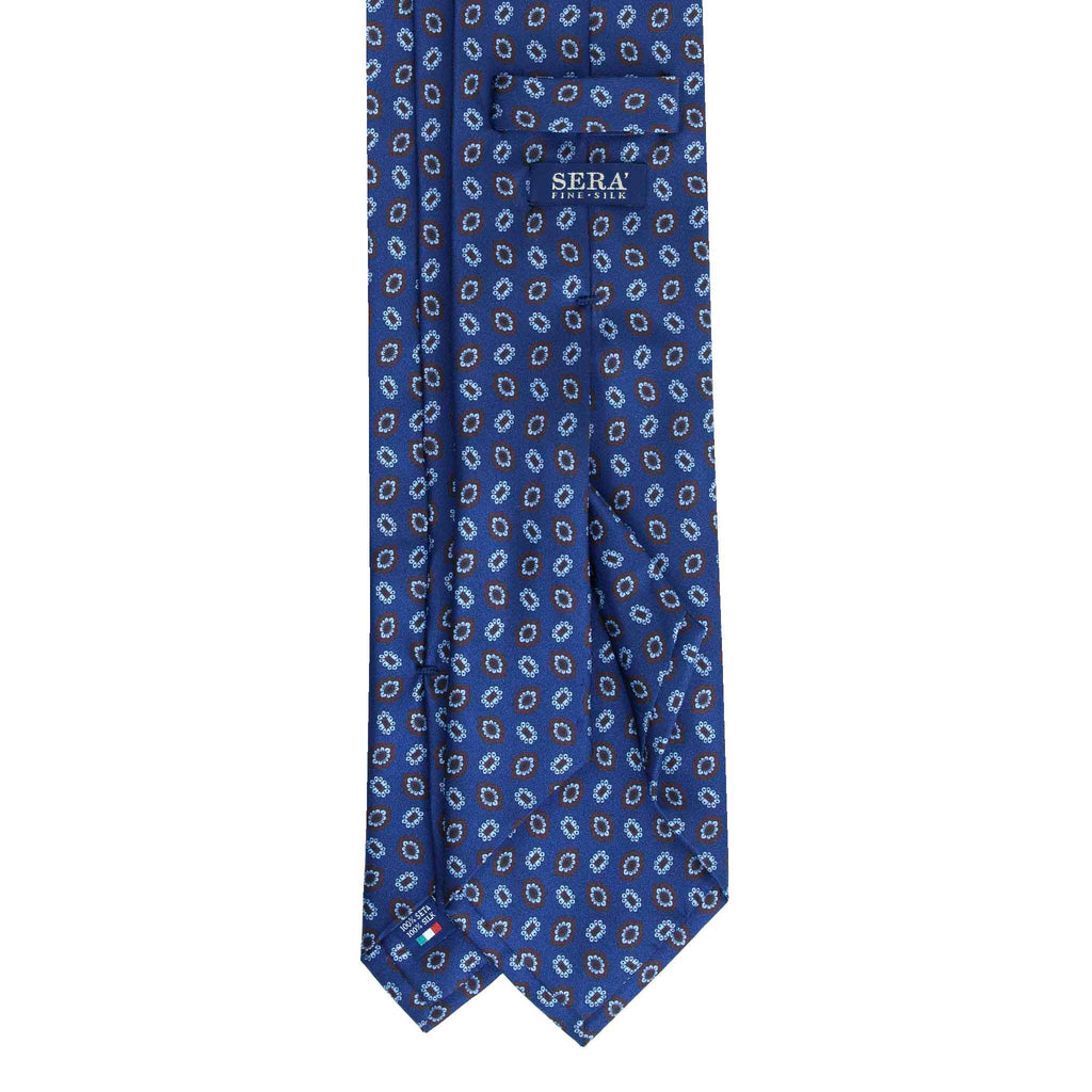 Blue Silk Tie with Brown Floral Medallions Serà Fine Silk