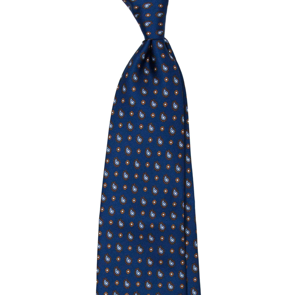 Blue Silk Tie with Paisley and Floral Pattern Serà Fine Silk